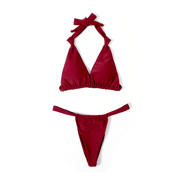 Hot Sale Split Swimsuit Pure Color Sexy Bikini Triangle Hanging Strap Swimwear